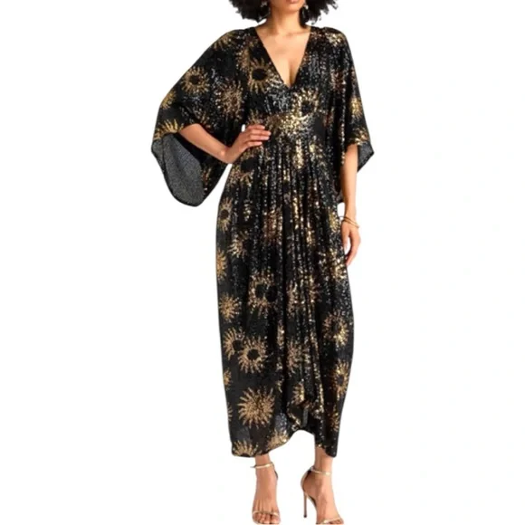 NWT RARE Farm Rio Sunny Mood Sequin Maxi Dress Black Gold Extra Large XL - Picture 1 of 16